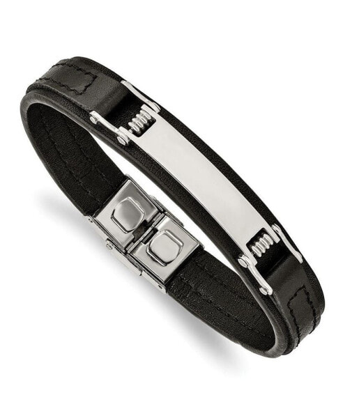 Stainless Steel Polished Black Leather ID Bracelet