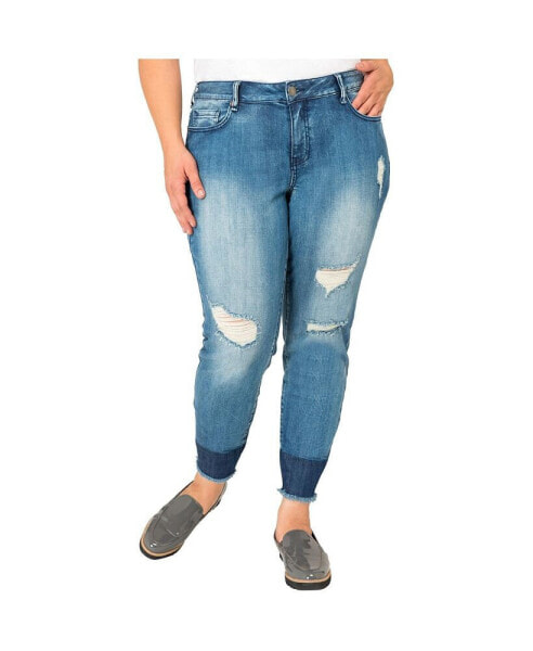 Plus Size Raw Hem Two-Tone Skinny Ankle Jeans