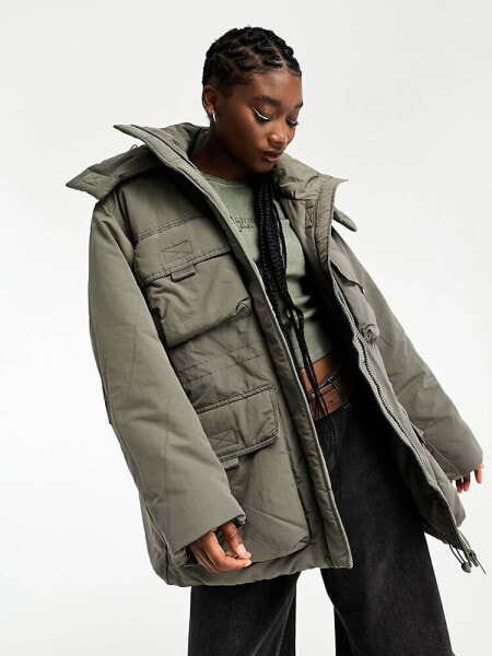 Weekday Attila padded parka with utility pockets in grey