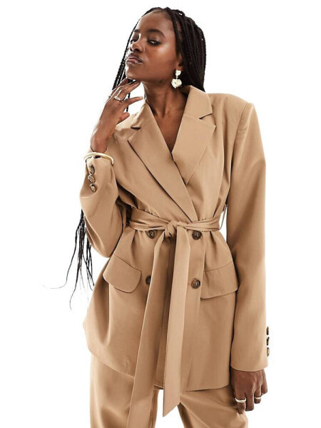 Extro & Vert tie front blazer in camel co-ord