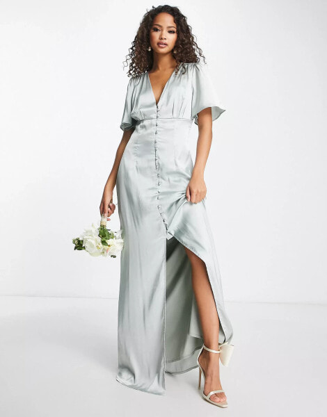 Anaya – Bridesmaid – Durchgeknöpftes Maxi-Brautjungfernkleid aus Satin in Salbeigrün