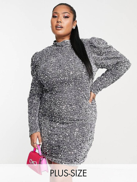 Saint Genies Plus embellished sequin long sleeve mini dress in silver