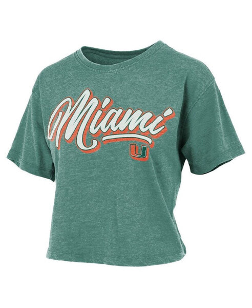 Women's Green Distressed Miami Hurricanes Team Script Harlow Vintage-Like Waist Length T-shirt