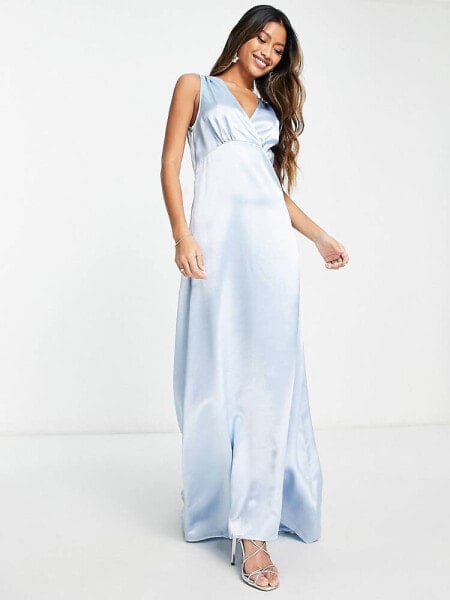 Vila Bridesmaid satin v neck maxi dress with train in pastel blue