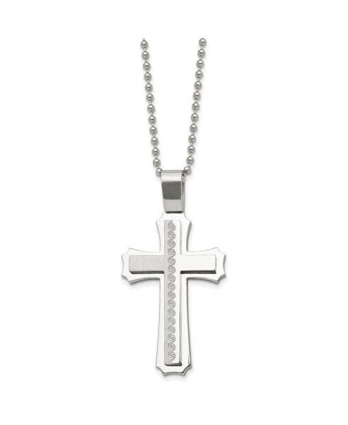 Brushed Swirl Design Cross Pendant Ball Chain Necklace