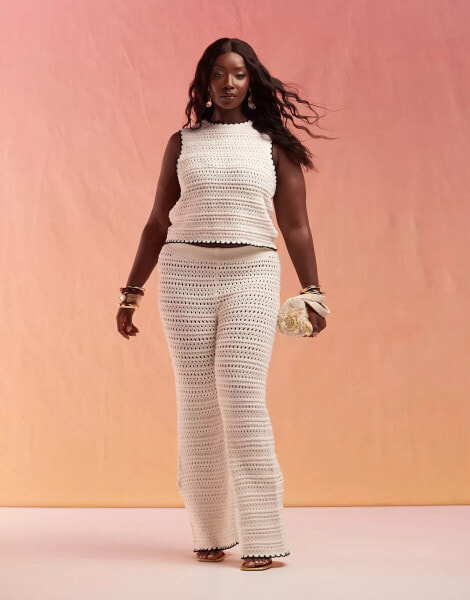 ASOS DESIGN Curve knitted flare in open stitch with tipping co-ord in cream