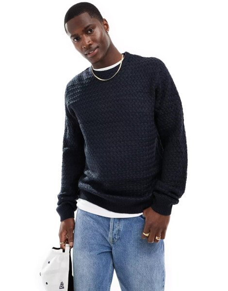 Brave Soul crew neck textured knitted jumper in navy