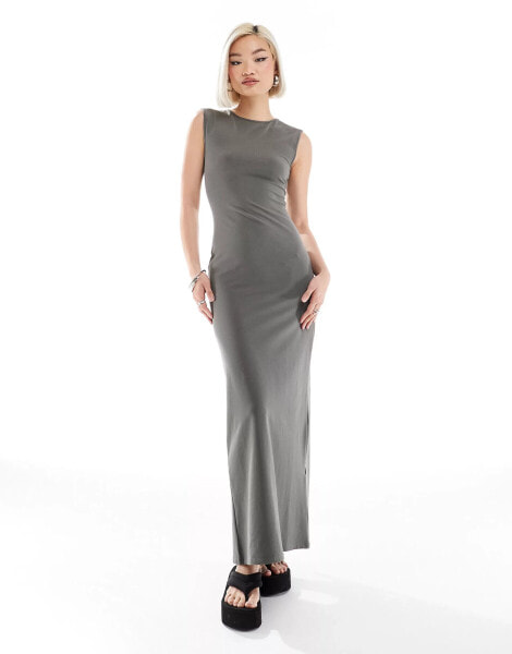 Weekday Inez slim fit maxi dress with back split in grey exclusive to ASOS