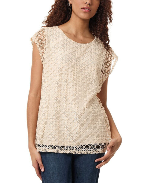 Petite Round-Neck Drop-Shoulder Lace Top