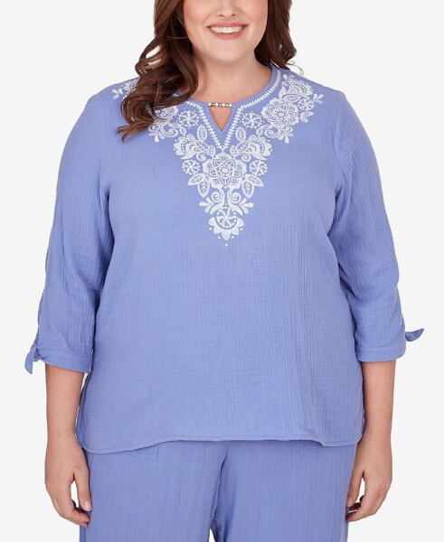 Plus Size Summer Breeze Embroidered Top with Tie Sleeves
