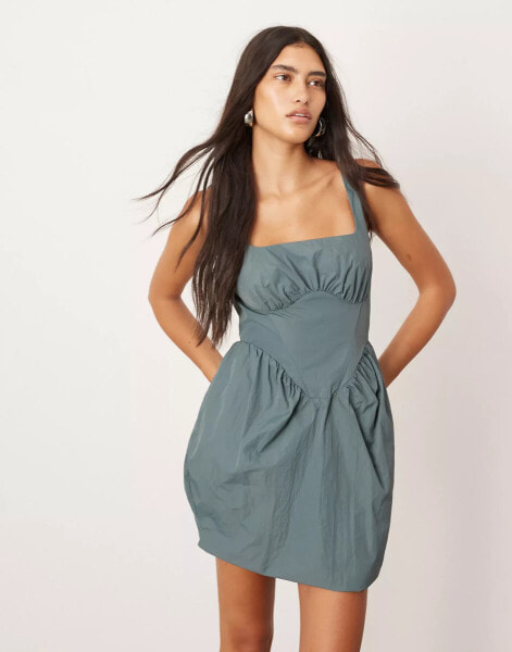 ASOS EDITION structured ruched bust corset detail mini dress in slate blue