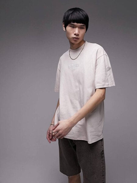 Topman oversized fit t-shirt with raised nowhere embroidery in stone