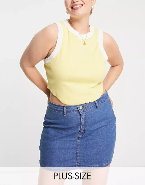 DTT Plus Clara high waisted stretch denim skirt in mid blue