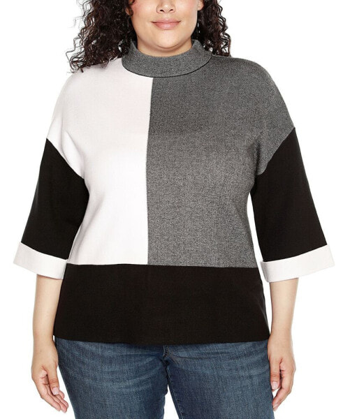 Plus Size 3/4 Cuffed-Sleeve Color block Sweater