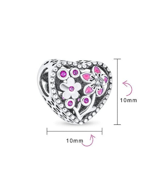 Valentine CZ Accent Love Grows With Pink Red Enamel Flower Heart Shape Charm Bead For Women Girlfriend .925 Sterling Silver Fits European Bracelet