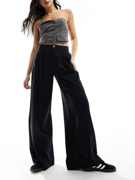 Stradivarius tailored pleated wide leg trouser in navy pinstripe 