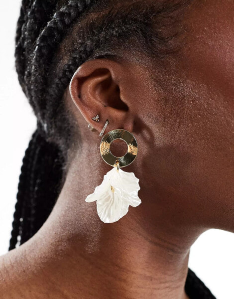 DesignB London textured drop earrings with faux shell petals in gold