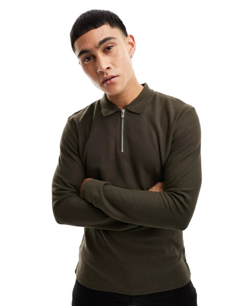 Jack & Jones Premium knitted half zip long sleeve polo in brown