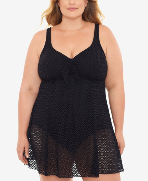 Swim Solutions BLACK Plus Size Knot-Front Tummy-Control Swimdress US 20W