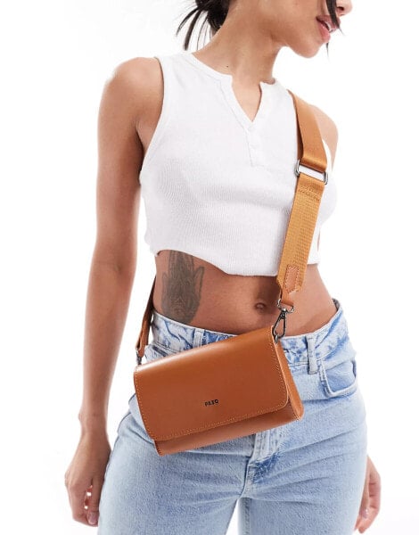 PASQ rectangular flap top cross body bag in tan