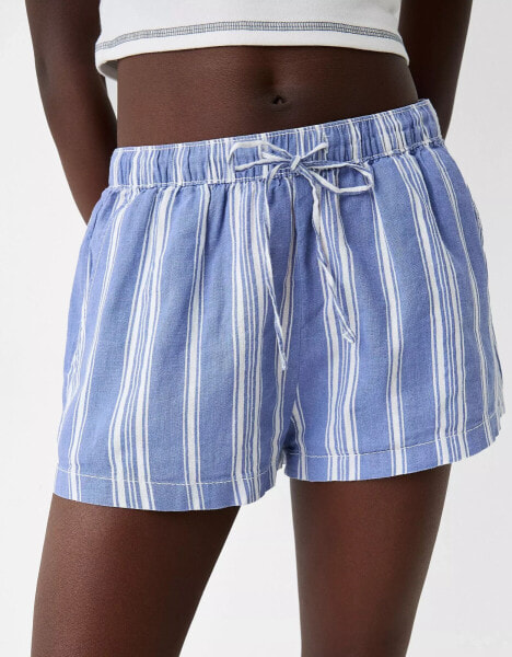 Bershka linen look tie waist shorts in blue stripe