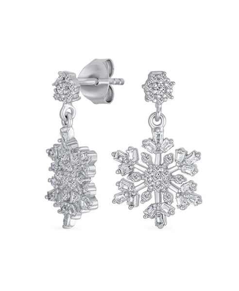 Holiday Party Flower Christmas Frozen Winter Cubic Zirconia CZ Large Snowflake Dangle Stud Earrings For Women Teen .925 Sterling Silver