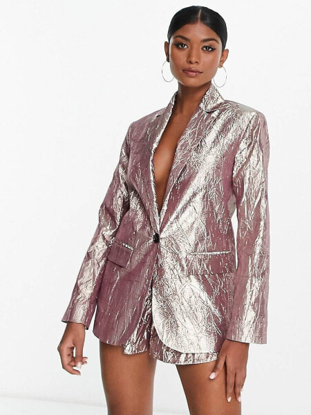 ASOS DESIGN metallic nipped waist suit blazer in silver