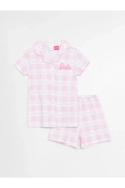 LCW Kids Gömlek Yaka Barbie Baskılı Kız Çocuk Şortlu Pijama Takımı