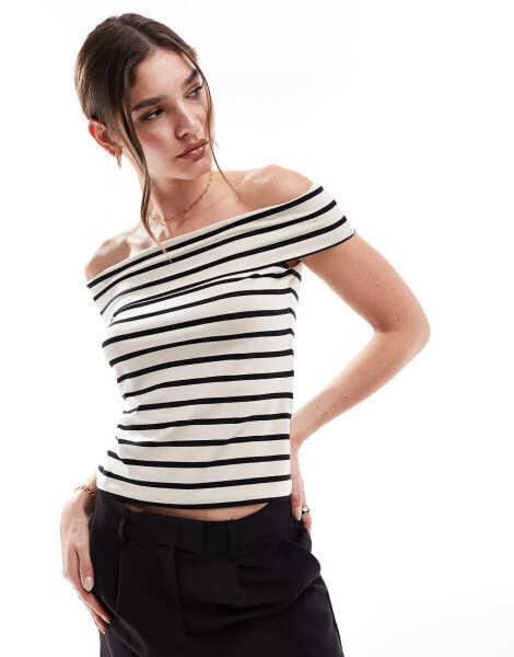 Vero Moda Aware off shoulder jersey top in black and cream stripe