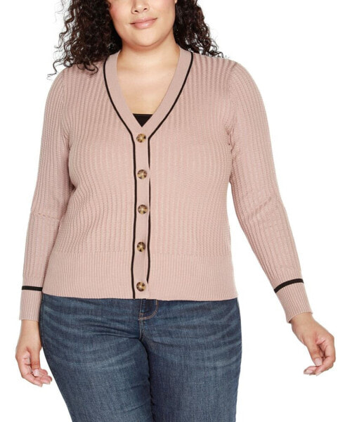 Plus Size Tipped Textured-Stich Cardigan Sweater