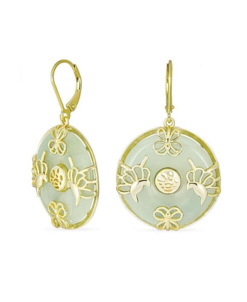 Asian Style Dangle Circle Round Donut Good Fortune Light Green Jade Butterfly Disc Drop Statement Earrings 14K Gold Overlay Sterling Silver Lever Back