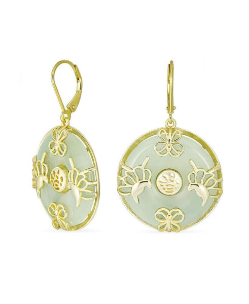 Asian Style Dangle Circle Round Donut Good Fortune Light Green Jade Butterfly Disc Drop Statement Earrings 14K Gold Overlay Sterling Silver Lever Back