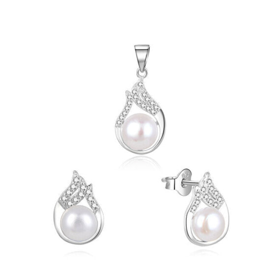 Elegant silver jewelry set with real pearls AGSET220PL (pendant, earrings)