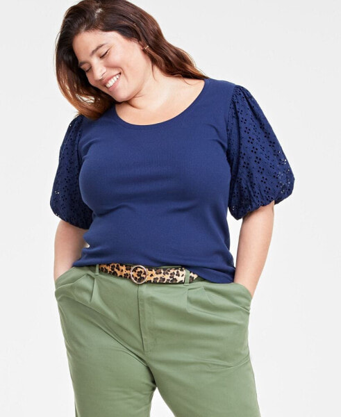 Trendy Plus Size Eyelet Elbow-Sleeve T-Shirt, Created for Macy's