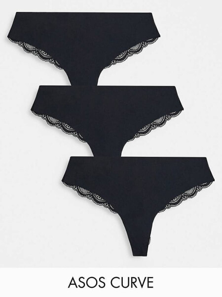 ASOS DESIGN Curve 3 pack thong in no VPL & lace in black