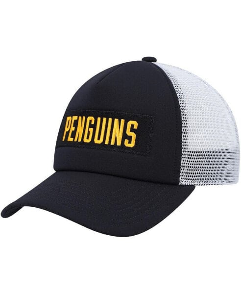 Men's Black, White Pittsburgh Penguins Team Plate Trucker Snapback Hat