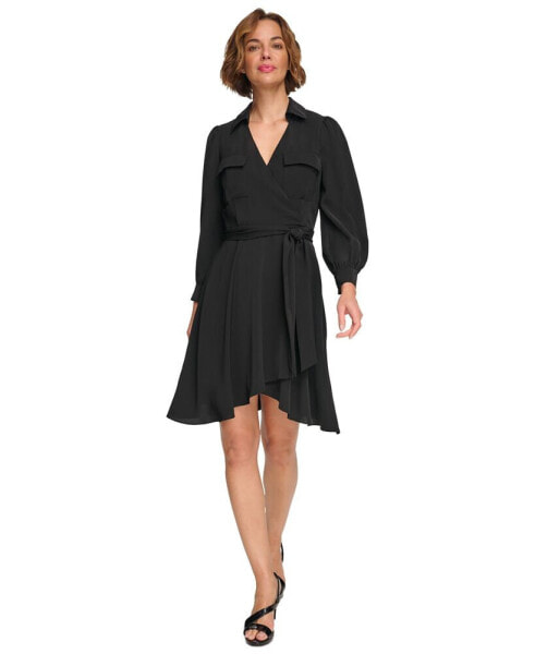 Women's Balloon-Sleeve Faux-Wrap Dress