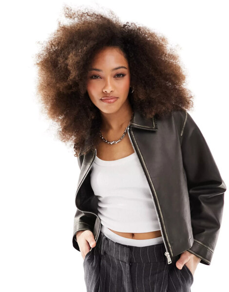 ASOS DESIGN leather look top collar jacket in black