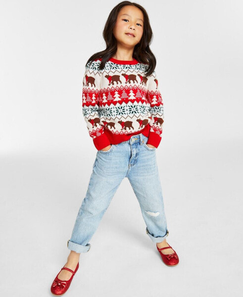 Holiday Lane Little Girls Santa Bear Sweater, Created for Macy's