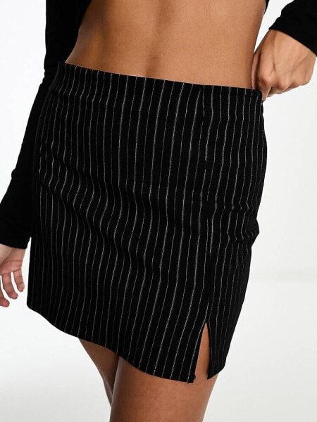 ASOS DESIGN bengaline mini skirt with split in black pinstripe