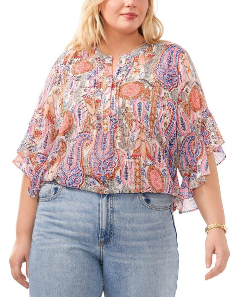 Plus Size Paisley Print Flutter Sleeve Pleated Top