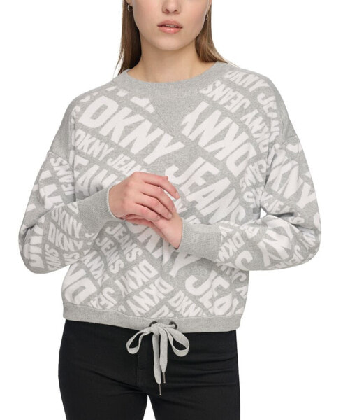 Women's Crewneck Drawstring-Hem Logo Sweater