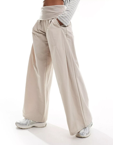 Bershka poplin fold over wide leg trousers in sand