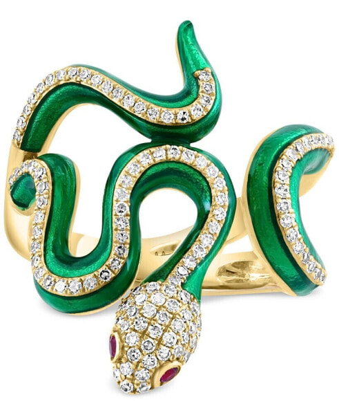 EFFY® Diamond (3/8 ct. t.w.) & Ruby Accent Enamel Snake Ring in 14k Gold