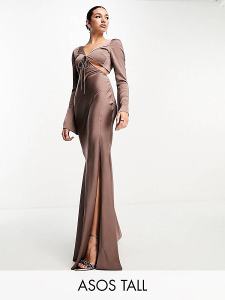 ASOS DESIGN Tall satin flare sleeve cut out maxi dress in mocha