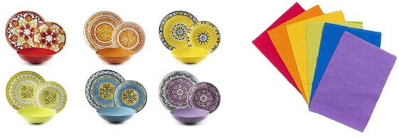 Excelsa ETNO Chic Porcelain Dinner Set, Multi-Colour, 21 Pieces & San Josè Set of 6 Water Glasses, Glass, Multi-Colour
