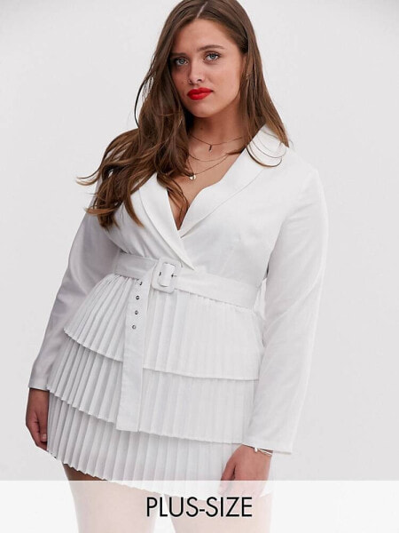 In The Style Plus plunge front blazer dress with pleated skirt in white