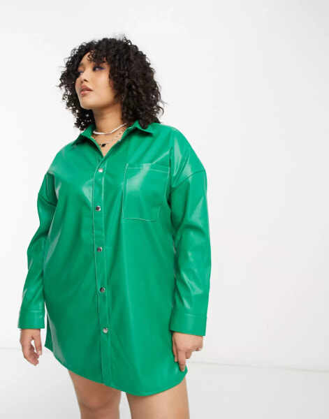 Native Youth Plus PU mini shirt dress in green with contrast stitch