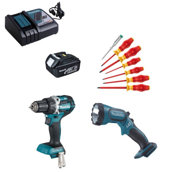 Makita 18V Akku-Bohrschrauber DDF484 + Akku-Lampe DML185 + Wera Schraubendrehersatz