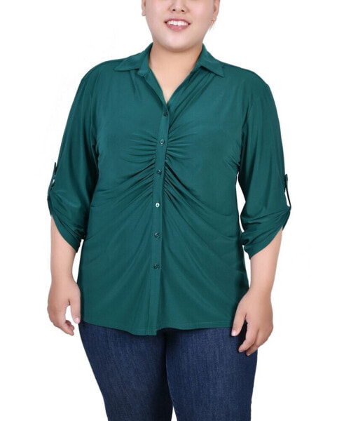 Блузка NY Collection Plus Size 3/4 Roll Tab Rouched-Front